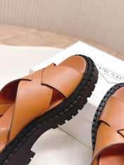 PRADA 25S CRISSCROSS SANDALS IN LIGHT TAN CALFSKIN
