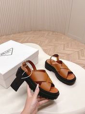 PRADA 25S CRISSCROSS SANDALS IN LIGHT TAN CALFSKIN