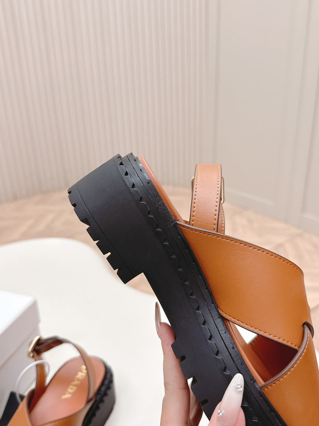 PRADA 25S CRISSCROSS SANDALS IN LIGHT TAN CALFSKIN