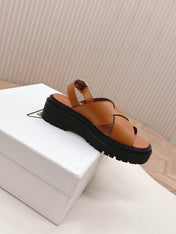 PRADA 25S CRISSCROSS SANDALS IN LIGHT TAN CALFSKIN