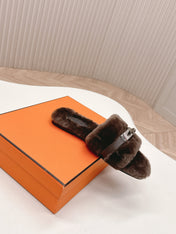 HM 25S ORAN SANDAL IN DARK BROWN SHEARLING WITH SILVER HARDWARE