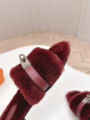 HM 25S ORAN SANDAL IN DARK RED SHEARLING WITH SILVER HARDWARE