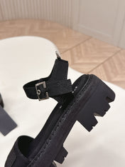 PRADA 26S SINGLE STRAP CHUNKY SOLE SANDALS IN BLACK CANVAS