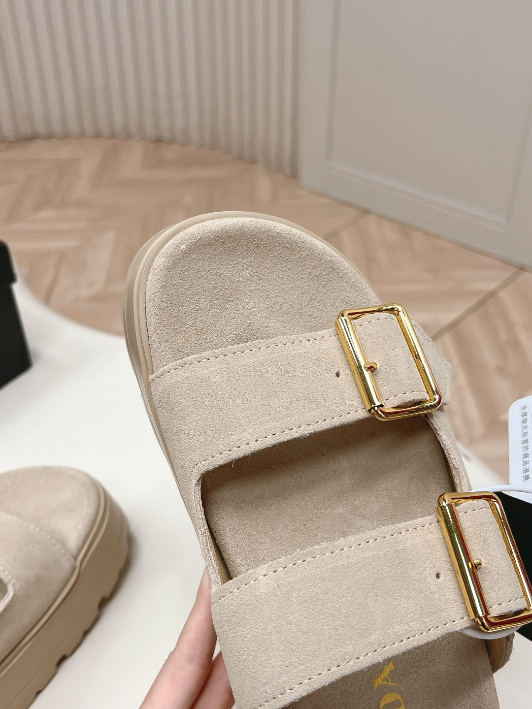 PRADA 26S DOUBLE STRAP PLATFORM SLIDES SANDALS IN BEIGE SUEDE