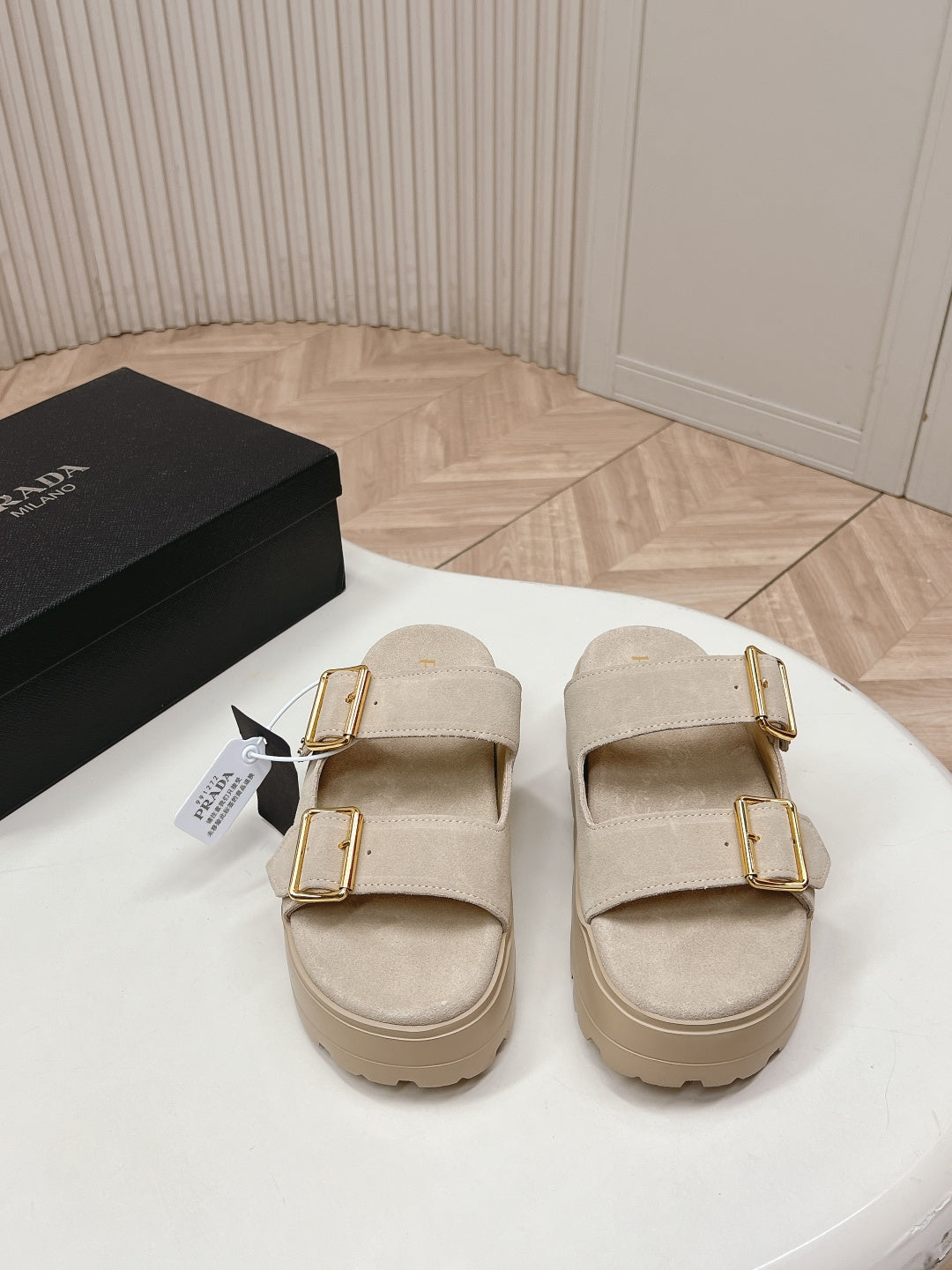 PRADA 26S DOUBLE STRAP PLATFORM SLIDES SANDALS IN BEIGE SUEDE