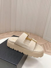 PRADA 26S DOUBLE STRAP PLATFORM SLIDES SANDALS IN BEIGE SUEDE