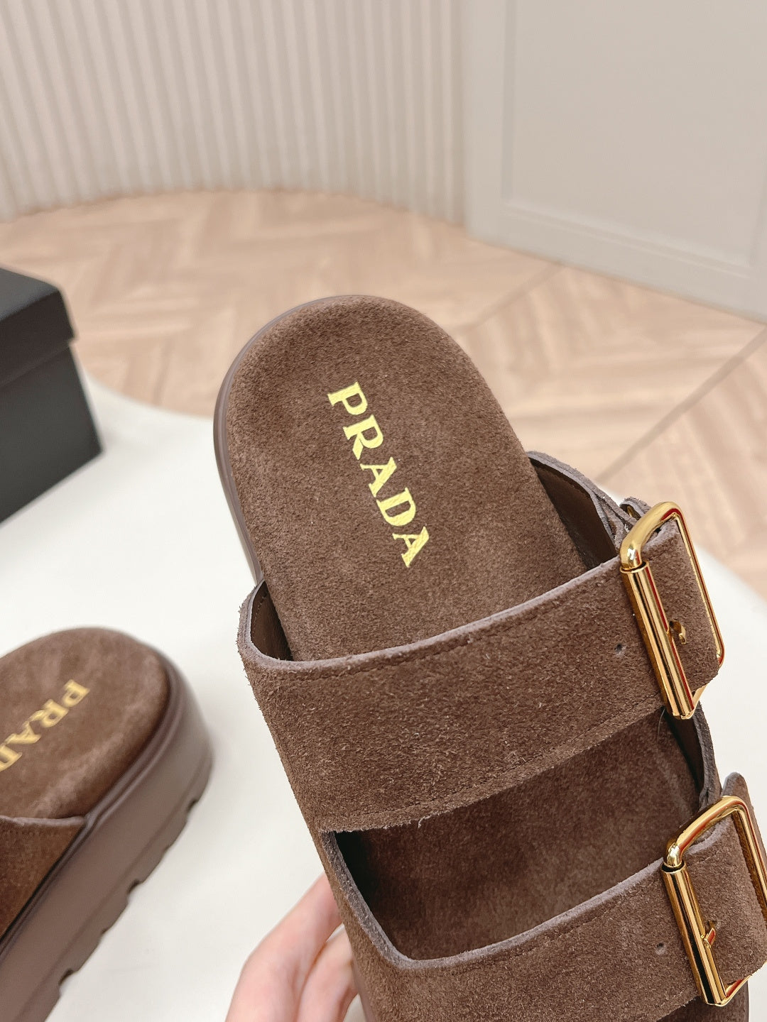 PRADA 26S DOUBLE STRAP PLATFORM SLIDES SANDALS IN BROWN SUEDE