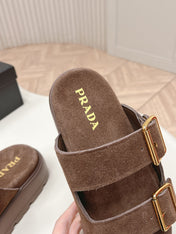 PRADA 26S DOUBLE STRAP PLATFORM SLIDES SANDALS IN BROWN SUEDE
