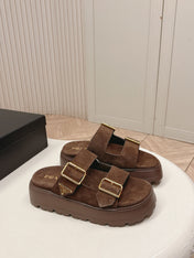 PRADA 26S DOUBLE STRAP PLATFORM SLIDES SANDALS IN BROWN SUEDE