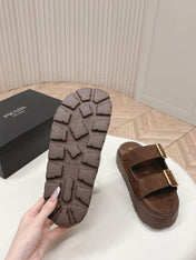 PRADA 26S DOUBLE STRAP PLATFORM SLIDES SANDALS IN BROWN SUEDE