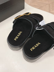 PRADA 26S DOUBLE STRAP PLATFORM SLIDES SANDALS IN BLACK SUEDE