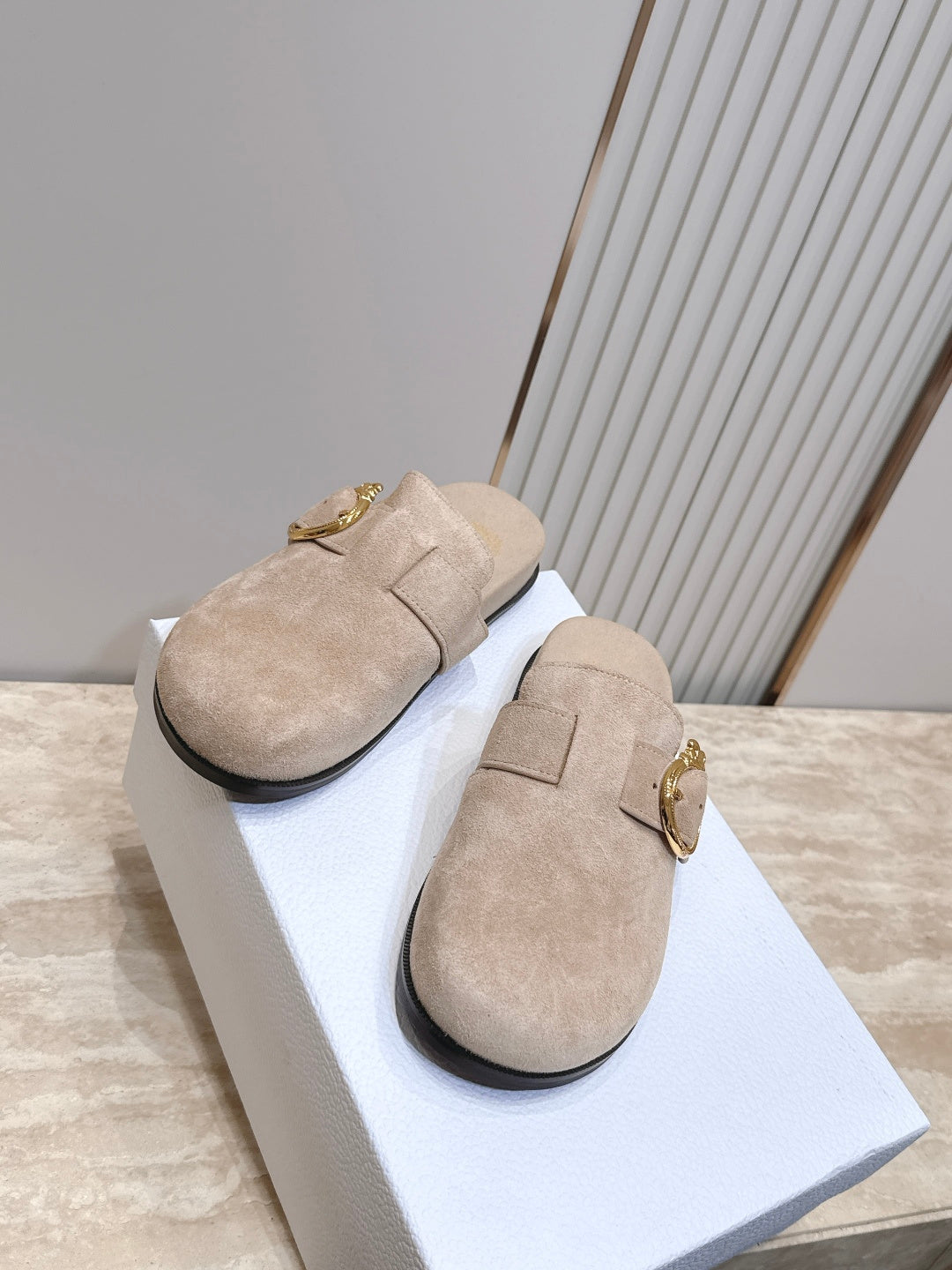 DIOR 26S BUCKLE MULE LOAFERS IN BEIGE SUEDE GOLD HARDWARE
