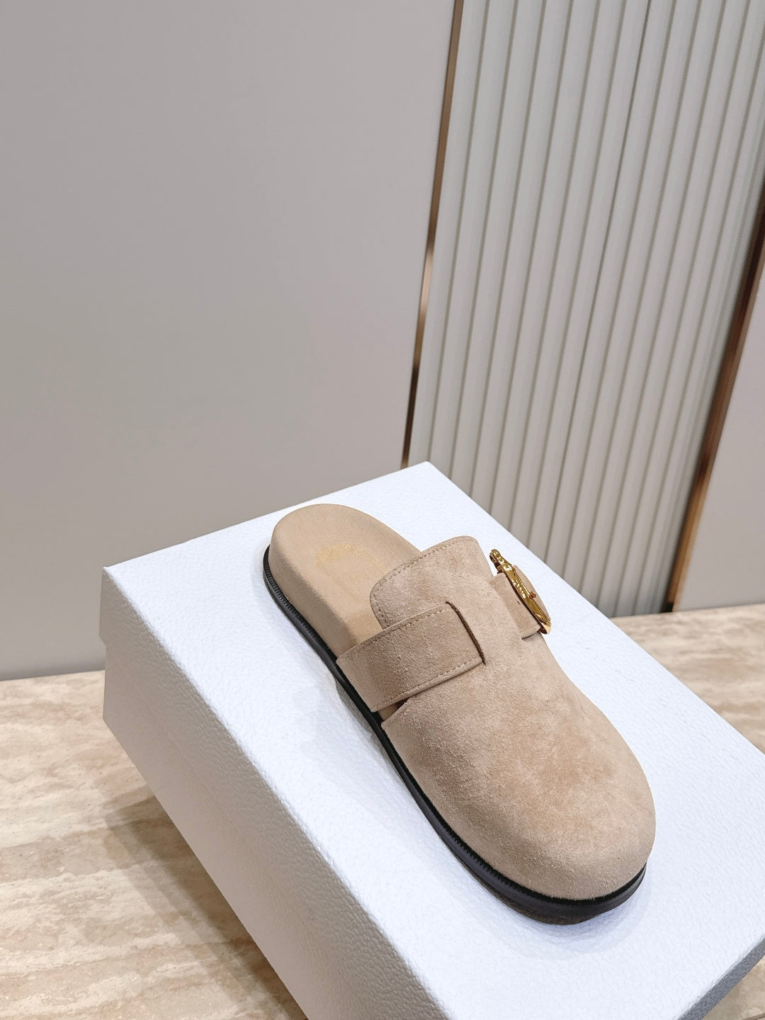 DIOR 26S BUCKLE MULE LOAFERS IN BEIGE SUEDE GOLD HARDWARE