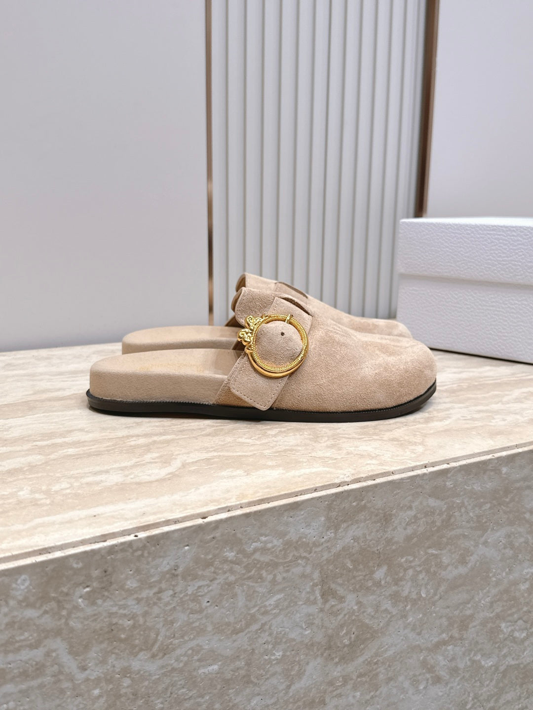 DIOR 26S BUCKLE MULE LOAFERS IN BEIGE SUEDE GOLD HARDWARE