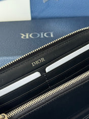 DIOR 25S SADDLE LONG ZIPPED WALLET 19 IN BLACK GRAINED CALFSKIN MARQUETRY