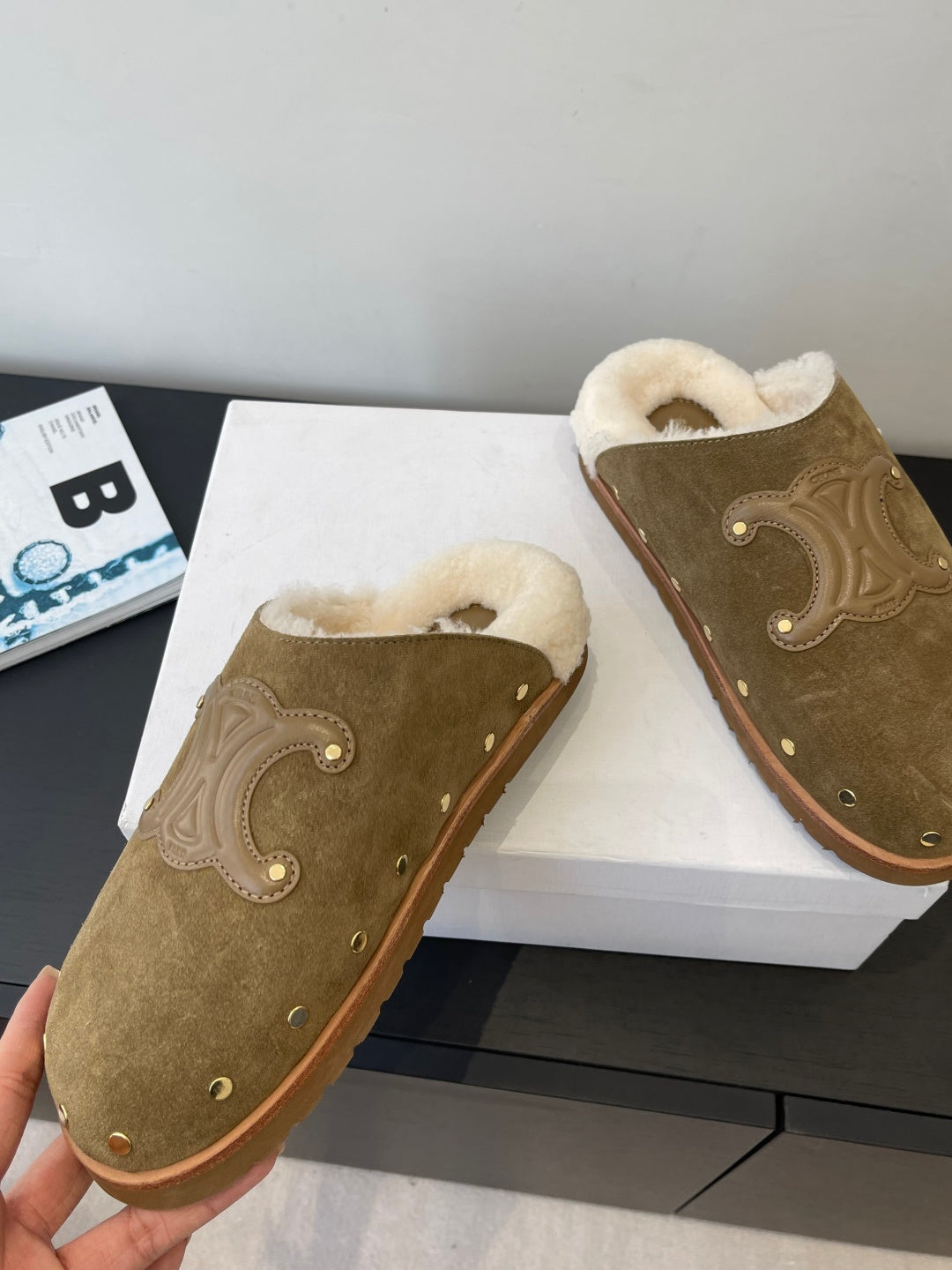 CELINE 26S FUR-LINED MULES IN OLIVE GREEN SUEDE