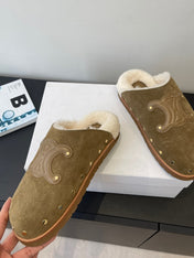 CELINE 26S FUR-LINED MULES IN OLIVE GREEN SUEDE