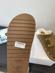 CELINE 26S FUR-LINED MULES IN OLIVE GREEN SUEDE