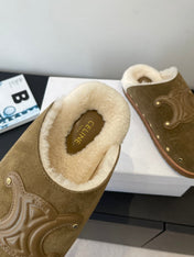 CELINE 26S FUR-LINED MULES IN OLIVE GREEN SUEDE