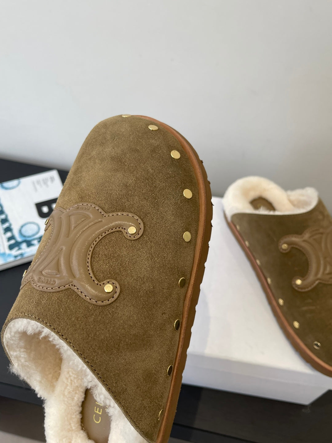 CELINE 26S FUR-LINED MULES IN OLIVE GREEN SUEDE