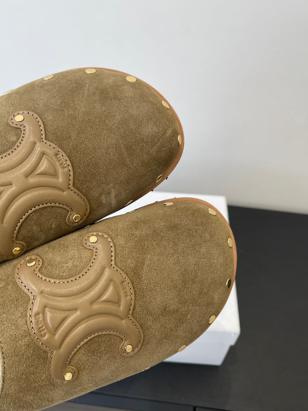 CELINE 26S FUR-LINED MULES IN OLIVE GREEN SUEDE