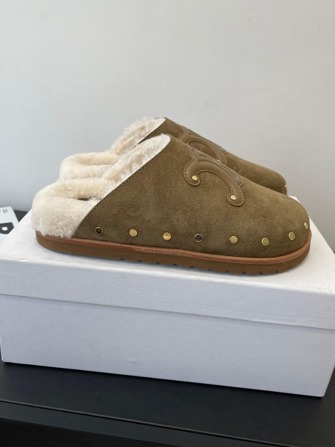 CELINE 26S FUR-LINED MULES IN OLIVE GREEN SUEDE