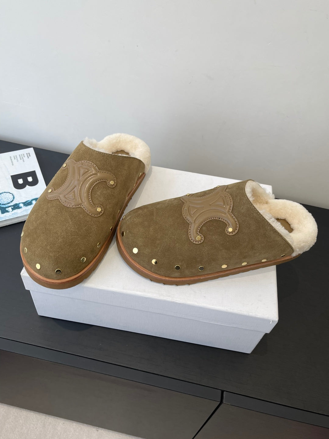 CELINE 26S FUR-LINED MULES IN OLIVE GREEN SUEDE