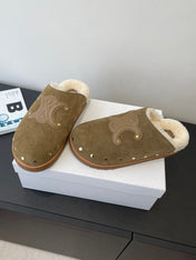 CELINE 26S FUR-LINED MULES IN OLIVE GREEN SUEDE