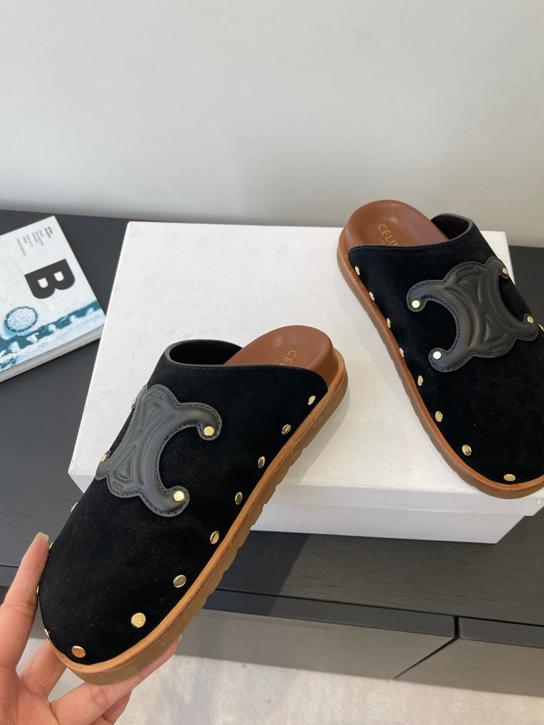 CELINE 26S MULE IN BLACK SUEDE