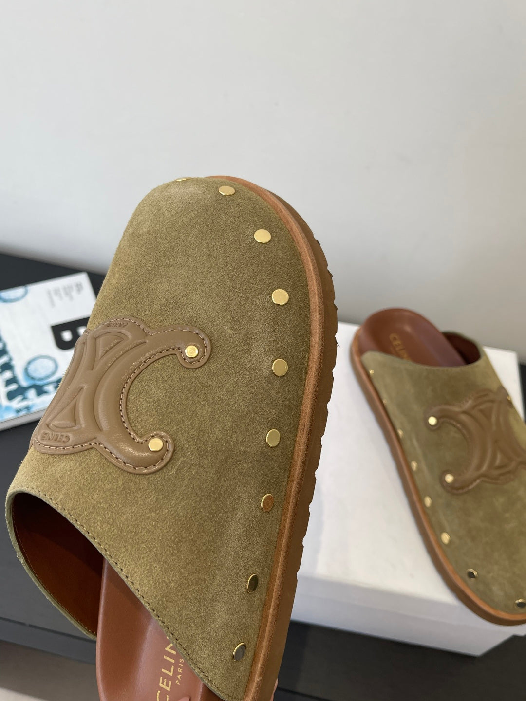 CELINE 26S MULE IN OLIVE GREEN SUEDE