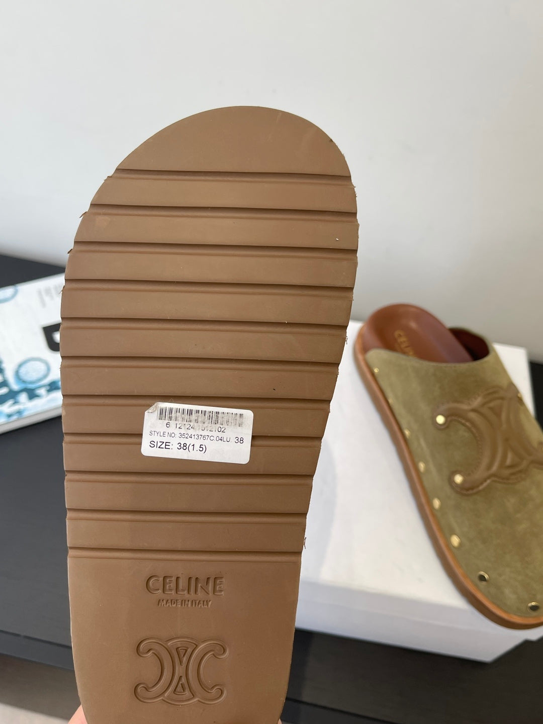 CELINE 26S MULE IN OLIVE GREEN SUEDE