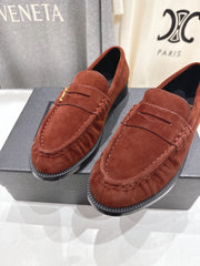 YSL 25S LOAFERS IN RED MAHOGANY SUEDE WITH GOLD HARDWARE