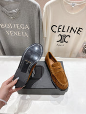 YSL 25S LOAFERS IN COPPER BROWN SUEDE WITH GOLD HARDWARE