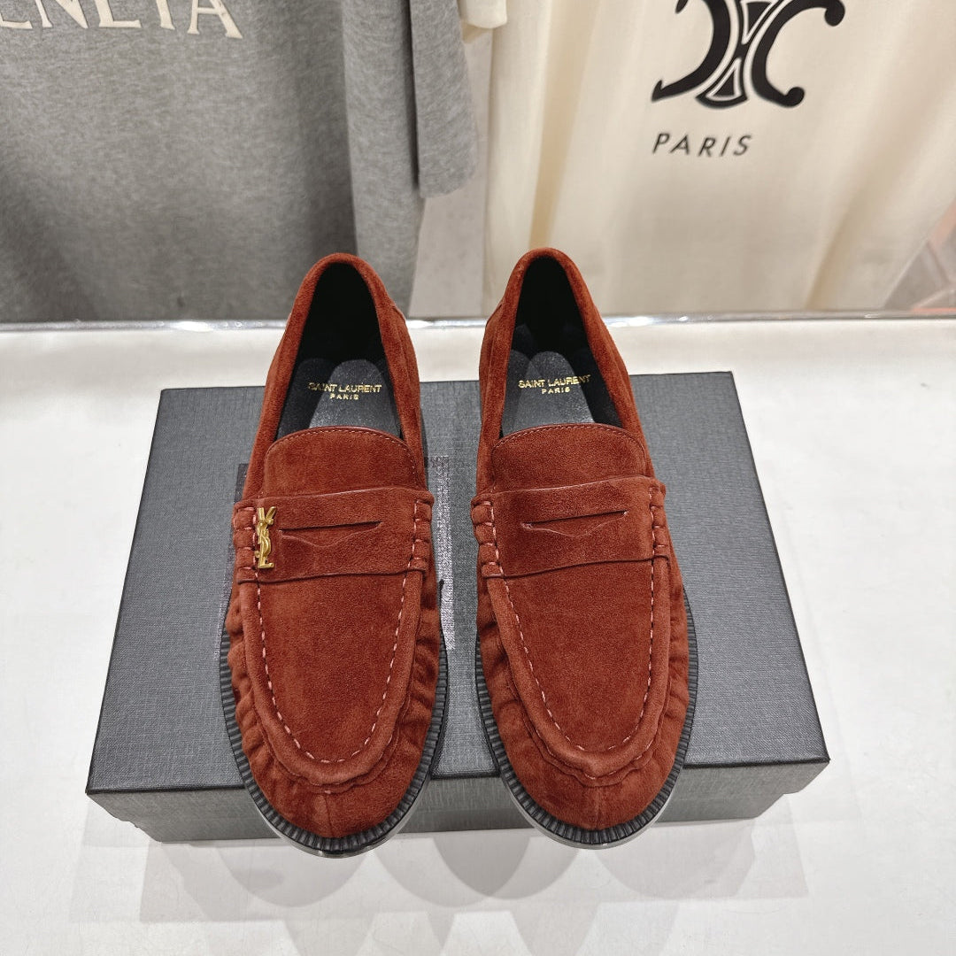 YSL 25S LOAFERS IN RED MAHOGANY SUEDE WITH GOLD HARDWARE