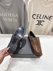 YSL 25S LOAFERS IN COFFEE BROWN LAMBSKIN WITH GOLD HARDWARE