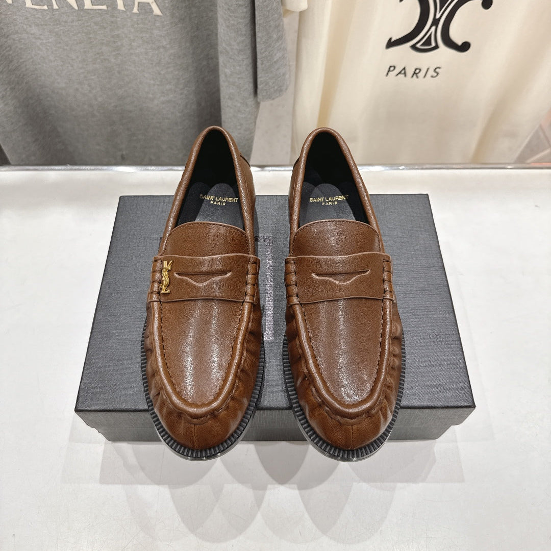 YSL 25S LOAFERS IN COFFEE BROWN LAMBSKIN WITH GOLD HARDWARE