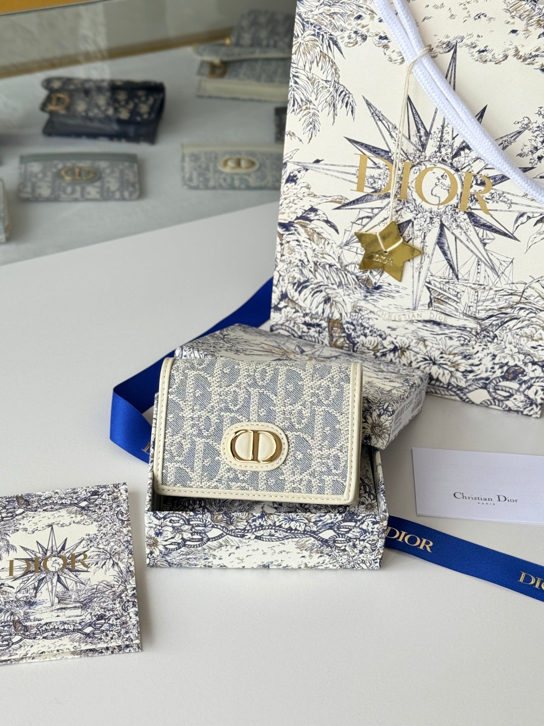 DIOR 25S CARO CARD HOLDER 11 IN LIGHT BLUE CALFSKIN AND CANVAS GOLD HARDWARE