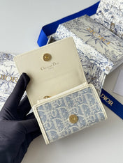 DIOR 25S CARO CARD HOLDER 11 IN LIGHT BLUE CALFSKIN AND CANVAS GOLD HARDWARE