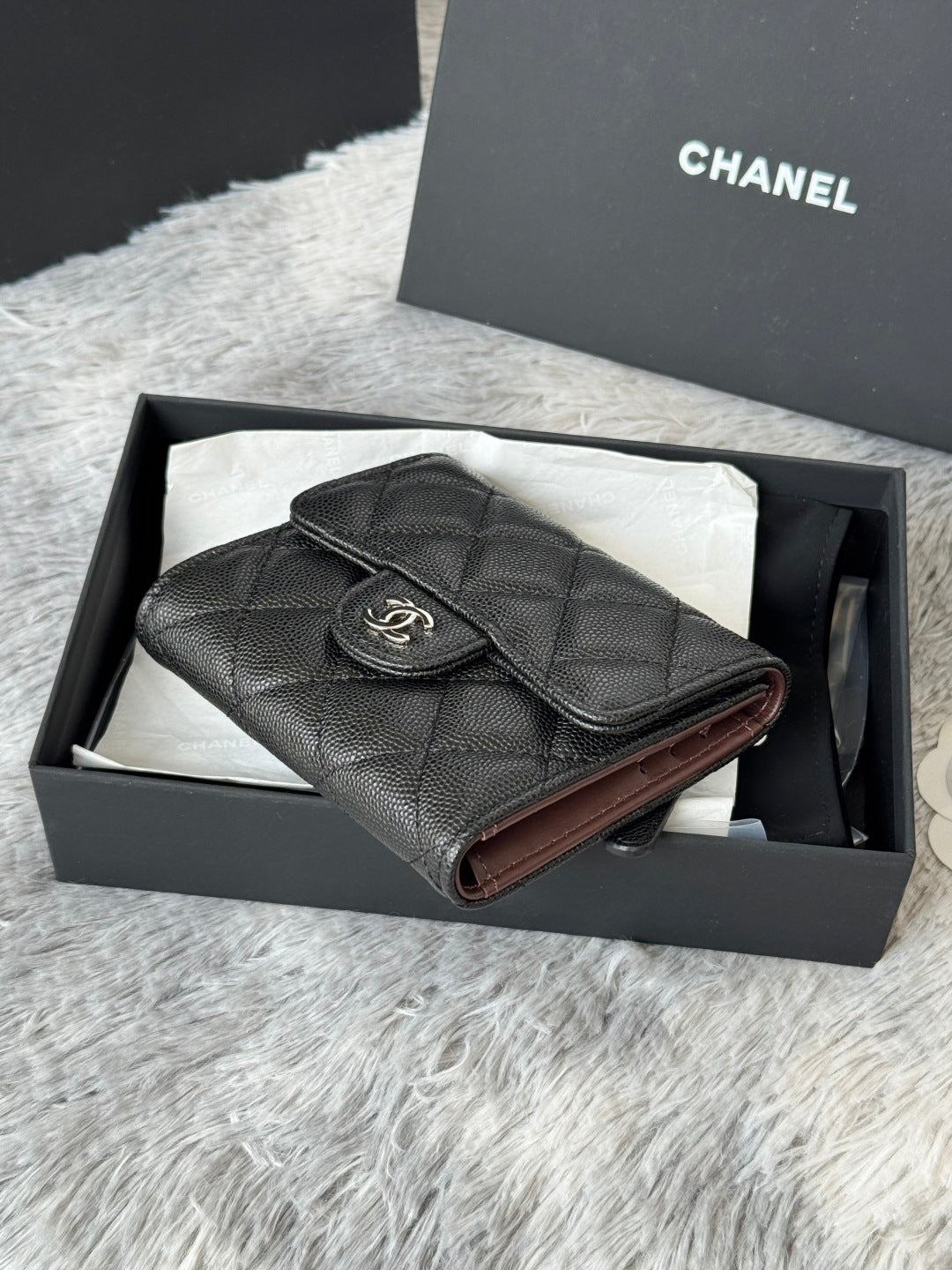 CHANEL 25S CF SMALL TRI FOLD WALLET 11 IN BLACK CAVIAR SILVER HARDWARE