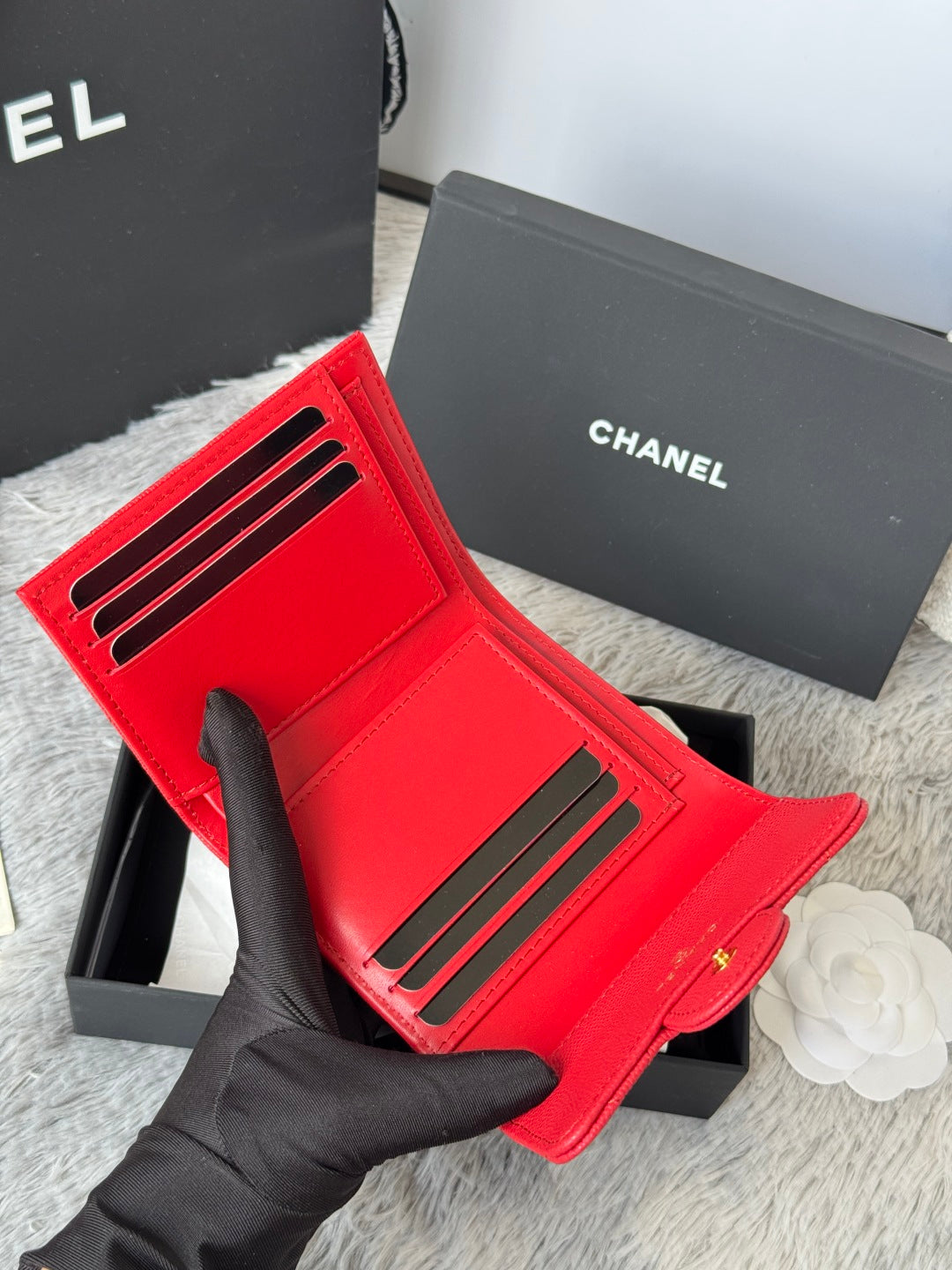 CHANEL 25S CF SMALL TRI FOLD WALLET 11 IN VIVID RED CAVIAR GOLD HARDWARE