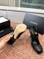 CHANEL 26S SQUARE TOE HIGH HEELS SLINGBACKS IN BLACK CALFSKIN