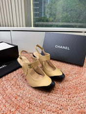 CHANEL 26S SQUARE TOE HIGH HEELS SLINGBACKS IN BEIGE LAMBSKIN WITH BLACK TOE
