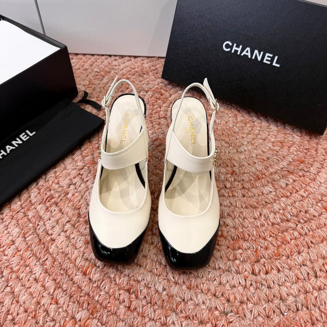 CHANEL 26S SQUARE TOE HIGH HEELS SLINGBACKS IN WHITE LAMBSKIN WITH BLACK TOE