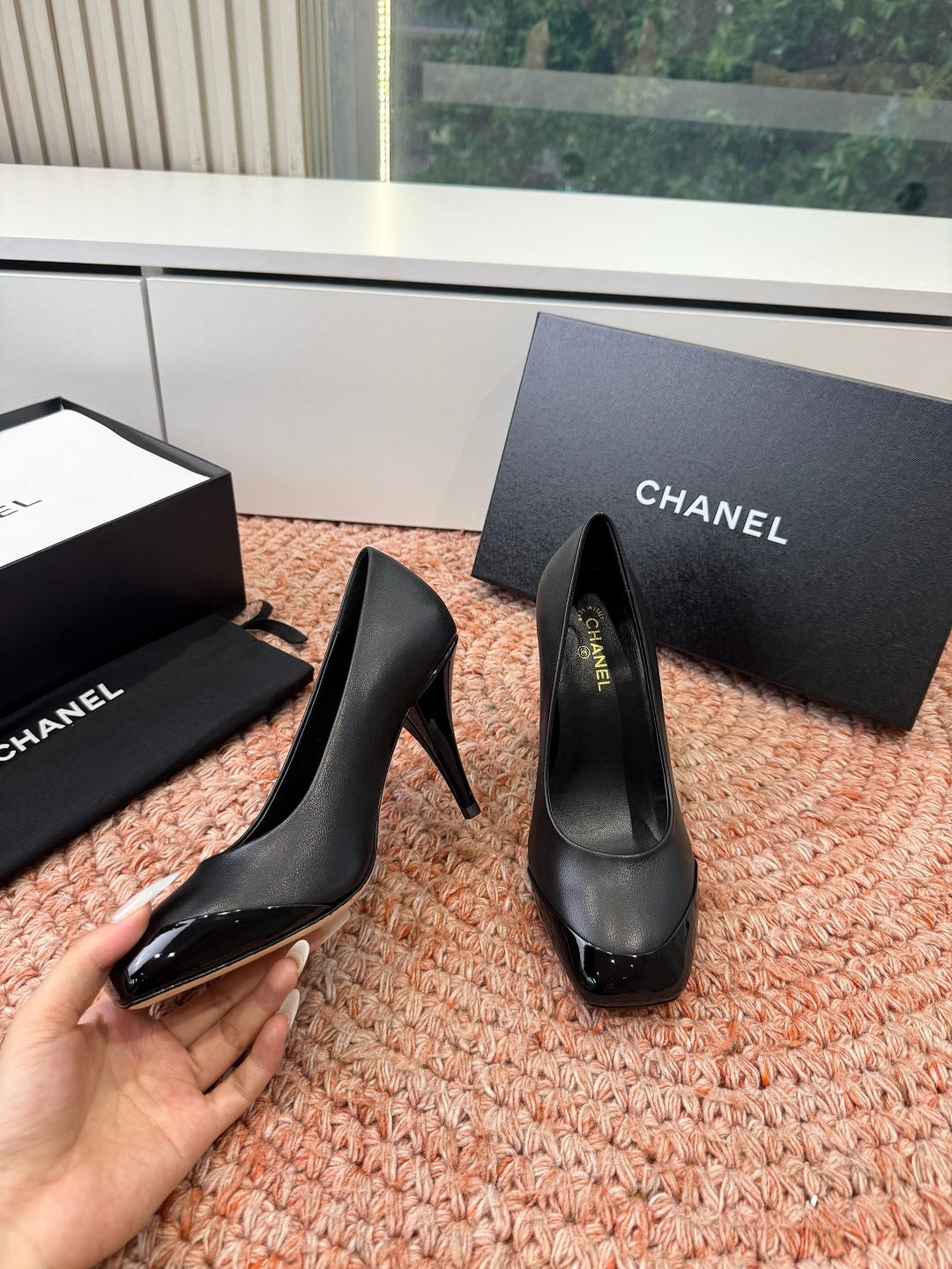 CHANEL 26S SQUARE TOE HIGH HEELS IN BLACK LAMBSKIN
