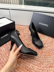CHANEL 26S SQUARE TOE HIGH HEELS IN BLACK LAMBSKIN
