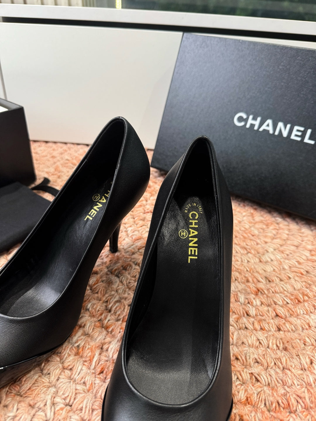CHANEL 26S SQUARE TOE HIGH HEELS IN BLACK LAMBSKIN