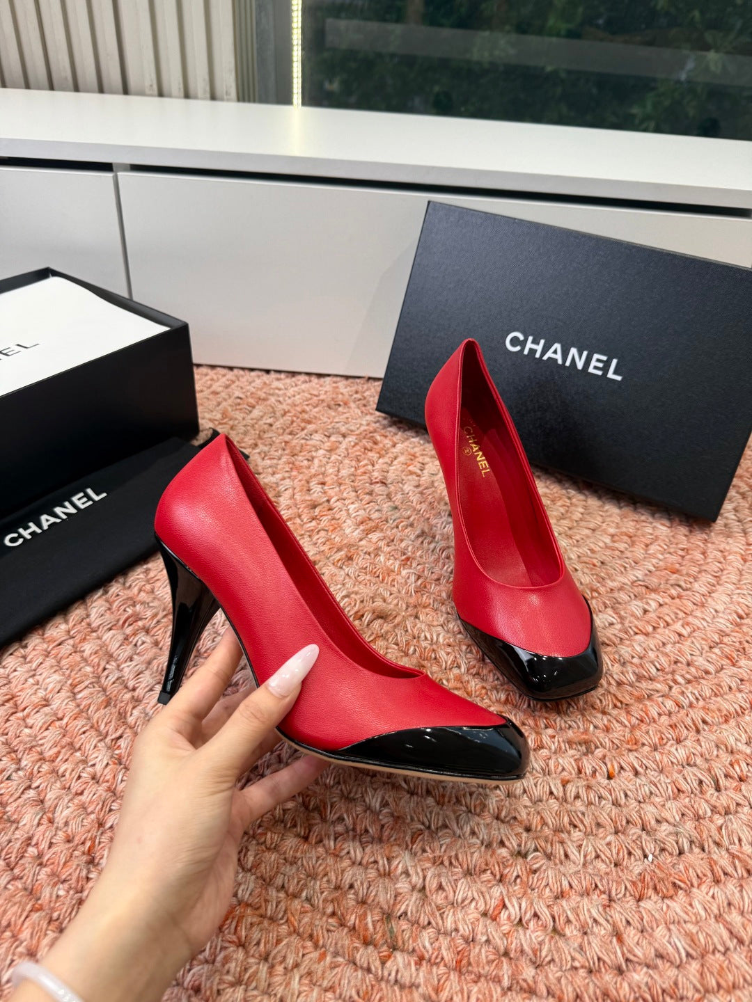 CHANEL 26S SQUARE TOE HIGH HEELS IN RED LAMBSKIN WITH BLACK TOE