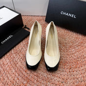 CHANEL 26S SQUARE TOE HIGH HEELS IN WHITE LAMBSKIN WITH BLACK TOE