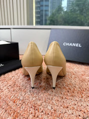 CHANEL 26S SQUARE TOE HIGH HEELS IN BEIGE LAMBSKIN WITH WHITE TOE