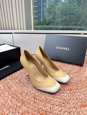 CHANEL 26S SQUARE TOE HIGH HEELS IN BEIGE LAMBSKIN WITH WHITE TOE